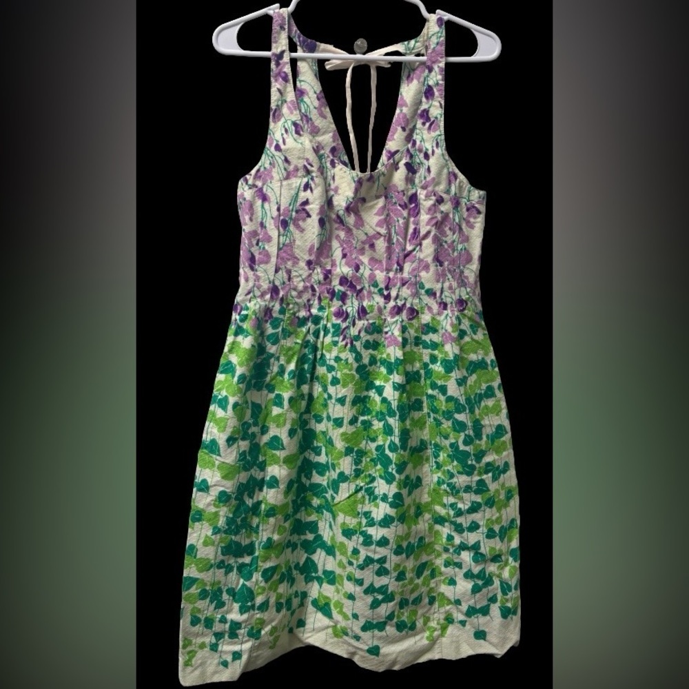 Anthro Maeve Wisteria Lane purp & grn lined cottn sundrss WM 4 garden party